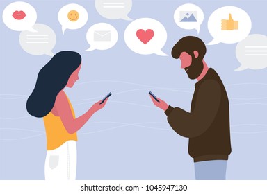 Man and woman chatting online on their smartphones. Young couple sending messages to each other. Concept of internet or social network communication. Flat cartoon colorful vector illustration.