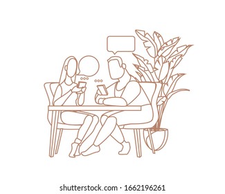 Man and woman chatting online on their smartphones. sending messages. Flat cartoon vector illustration.friends or colleagues talking in a cafe.Concept of social network communication.