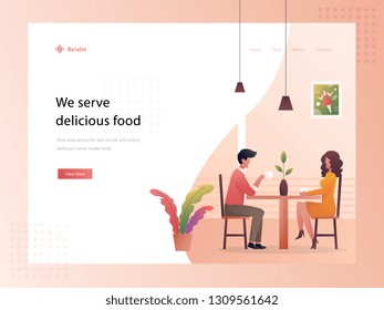 a man and a woman chatting in a restaurant or a cafe with a cup of coffee,  the couple enjoying the chat and the coffee flat illustration style for web design hero image landing page