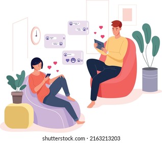 Man and woman chatting. Romantic social virtual communication isolated on white background