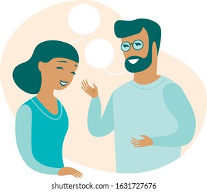 Man and woman chatting with speech bubbles