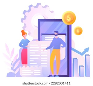 Man and woman with check. Financial literacy and cost and income assessment, budget planning and accounting. Online transactions and transfers, banking operations. Cartoon flat vector illustration