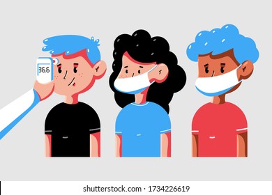 Man And Woman Checking Body Temperature Vector Cartoon Concept Illustration.