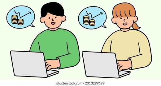 Man and Woman Checking Increased Savings from Energy Conservation. Environment, Power and Saving Energy Concept. Cartoon Flat Vector illustration.