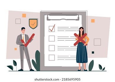 Man and woman with checkmarks. Characters near list of goals and rules. Employees or customers take survey, characters perform test or exam. User feedback and opinion. Cartoon flat vector illustration