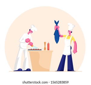 Man and Woman in Chef Aprons and Toques Cooking Fish on Kitchen. Healthy Dinner, Nutrition and Lifestyle. Restaurant Staff Characters Prepare Natural Food for Eating. Cartoon Flat Vector Illustration