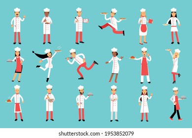 Man and Woman Chef Wearing White Hat and Buttoned Cook Jacket Vector Illustration Set