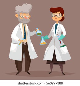 Man and woman chemist with test tubes and flasks, glass beaker. Scientists professor worker at lab or laboratory, chemical research specialist. Education and science, job and work, employee and people