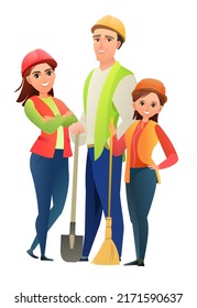 Man and woman and child daughter builder in vest and protective helmet. Cheerful person. Standing pose. Cartoon comic style flat design. Single character. Illustration isolated background. Vector.