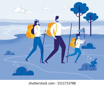 Man, Woman and Child GIrl - Family Hikers Traveling in Forest or Countryside. Summer Trekking with Backpacks in Mountains Forest. Outdoor Activities and Sport. FLat Cartoon Vector Illustration.