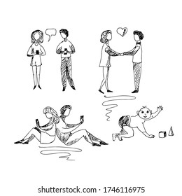Man, woman, child. The relationship. Vector illustration, sketch.