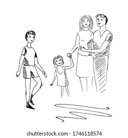 Man, woman, child. The relationship. Vector illustration, sketch.