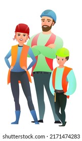 Man and woman and child son builder in vest and protective helmet. Cheerful person. Standing pose. Cartoon comic style flat. Single character. Illustration isolated on white background. Vector.