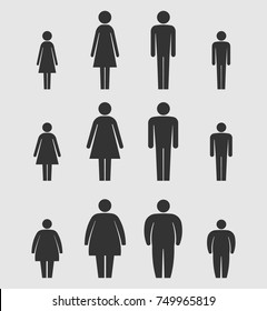 Man, Woman And Children Body Figure Size Icon. Stick Figures. Isolated On White Background. Vector Illustration. Eps 10.