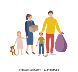 Man, woman and children carrying bag and box with old items and clothes to donate it to charity organization. Voluntary social aid and kindness. Colorful vector illustration in flat cartoon style