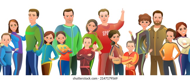 Man and woman and children in tracksuit. Got ready for sports activities. Cheerful person. Standing pose. Cartoon style. Single character. Illustration isolated on white background. Vector.