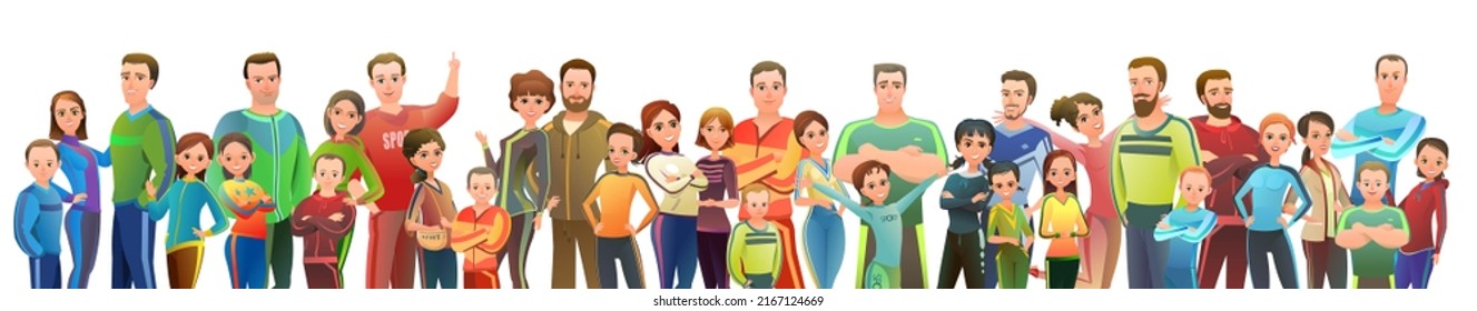 Man and woman and children in tracksuit. Got ready for sports activities. Cheerful person. Standing pose. Cartoon style. Single character. Illustration isolated on white background. Vector.