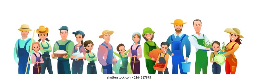 Man And Woman And Children Villager Farmer In Overalls. Agricultural Worker. Cheerful Person. Standing Pose. Cartoon Comic Style. Illustration Isolated White Background. Vector.