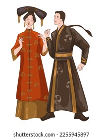 Man and woman of China wearing national costumes and dress. Isolated male and female characters, chinese personages with kimono and hairstyle. Korean of Japanese lady and gentleman. Vector in flat