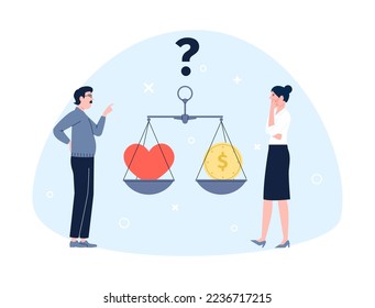 Man and woman choose between love and money. Business woman thinking, red heart and golden coin on scales. Vector complex choice concept