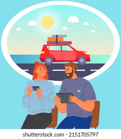 Man and woman choose place for rest in app. Travelers searching for country. Summer vacation and family recreation concept. Couple looking for tour on travel website. People choosing tourist routes