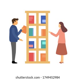 Man and woman choosing books on bookshelf in library or book shop. University students love reading concept vector illustration on white background. Education and knowledge  in flat design.