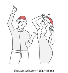 Man and woman in Christmas hats dancing. White background. Vector line.