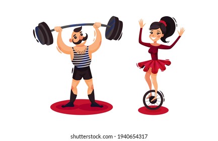 Man and Woman as Circus Artists and Acrobats Lifting Heavy Barbell and Balancing on Wheel Vector Set