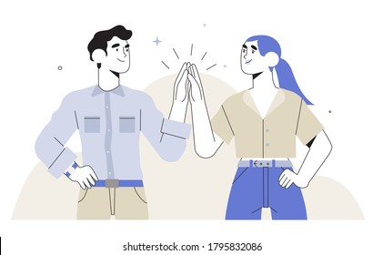 Man and woman clapping hands in high five isolated on white in trendy outline flat style. Concept of business or startup success, teamwork, cooperation, score a deal or nailed it. Work done.