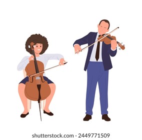 Man and woman classical musician cartoon characters playing violin and contrabass string instrument