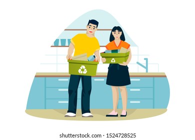 Man and woman clean up house and sort trash in kitchen. Young couple recycle of household waste. Vector flat cartoon illustration. Ecological people lifestyle.
