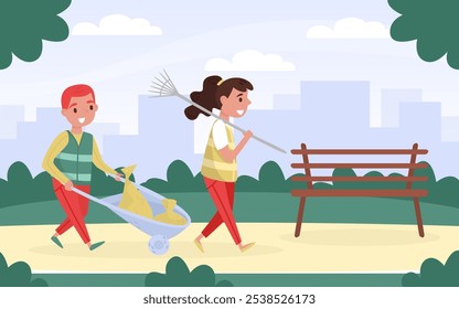 Man and Woman Clean Nature Collect Garbage Care of Environment Vector Illustration