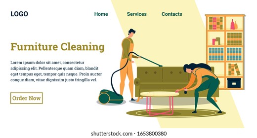 Man and Woman Cleaners Doing Household Chores in Living Room Flat Banner Vector Illustration. Cleaning Service Website Design. Boy Vacuuming Sofa or Coach, Girl Wiping Dust on Table.