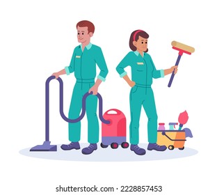 Man and woman with cleaning equipment vector illustration. Cleaning company service concept. Flat style design. Colorful graphics