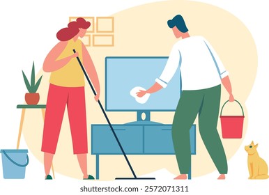 Man and woman are cleaning the living room together, the woman is mopping the floor and the man is cleaning the tv screen with a rag, a yellow cat is watching them