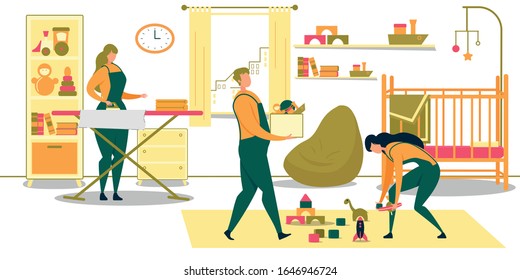 Man and Woman Cleaning Service Workers Tidying Up Childen Room Flat Cartoon Vector Illustration. Woman Collecting Toys from Floor, Guy Holding Box. Girl Ironing Clothes. Bed for Kid, Shelves.