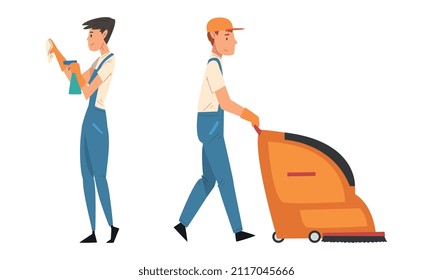 Man and Woman Cleaning Staff in Overall and Gloves with Vacuum Cleaner and Detergent Vector Set