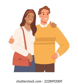 Man and woman clients, isolated portrait of young couple. Smiling male and female characters, customers or friends hugging wife and husband. Vector in flat cartoon style