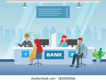 Man and woman clients talking with bank officers. Idea for credit, deposit and financial investment at banking counter service. Vector.