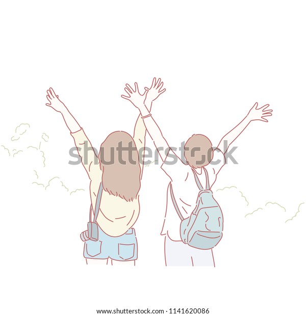 男と女が山に登り 腕を伸ばして後ろを振り返る 手描きのスタイルのベクター画像デザインイラスト のベクター画像素材 ロイヤリティフリー