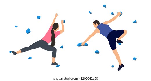 A man and a woman climbers on a wall in a climbing gym isolated on a white background. Vector illustration.