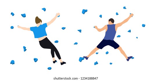 A man and a woman climbers on a wall in a climbing gym isolated on a white background. Vector illustration.