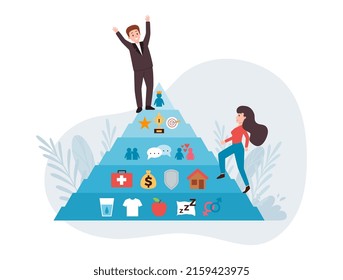 Man and woman climbing the Maslow pyramid, flat vector illustration isolated on white background. People reaching pick stage of hierarchy of needs. Sociology and psychology.