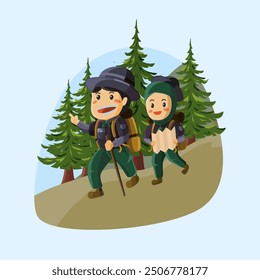 man and woman climbing mountain with many pine trees cute illustration