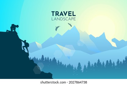 Man and woman climbing mountain. Teamwork. Travel concept of discovering, exploring, observing nature. Hiking tourism. Adventure. Minimalist graphic flyer. Polygonal flat design. Vector illustration