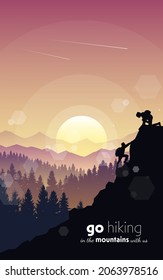 Man and woman climbing mountain. Teamwork. Travel concept of discovering, exploring, observing nature. Hiking tourism. Adventure. Minimalist graphic flyer. Polygonal flat design. Vector illustration