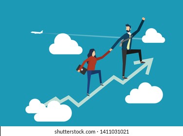 A man and woman are climbing up on the soaring financial graph for achieving the top destination in business -business team climb up together to achieve the goal