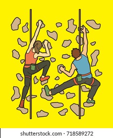 Man and woman climbing on the wall together, Hiking indoor graphic vector.