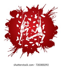 Man and woman climbing on the wall together, Hiking indoor designed on splatter ink graphic vector.