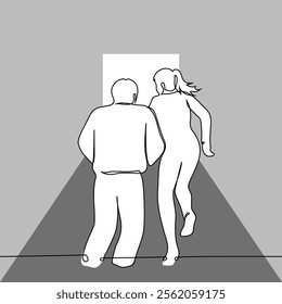 man and woman climbing stairs, back view - one line art. concept escape, climb up, career ladder